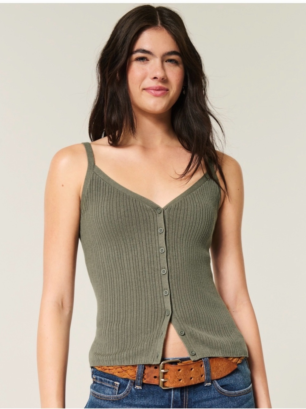 Ribbed Button-Down Camisole Tank - Olive